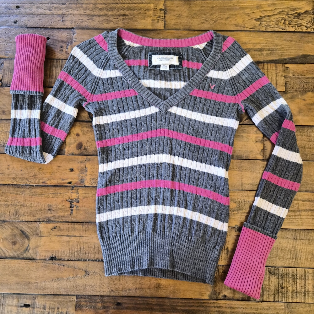 Striped V-Neck Sweater - Gray, Pink, and White